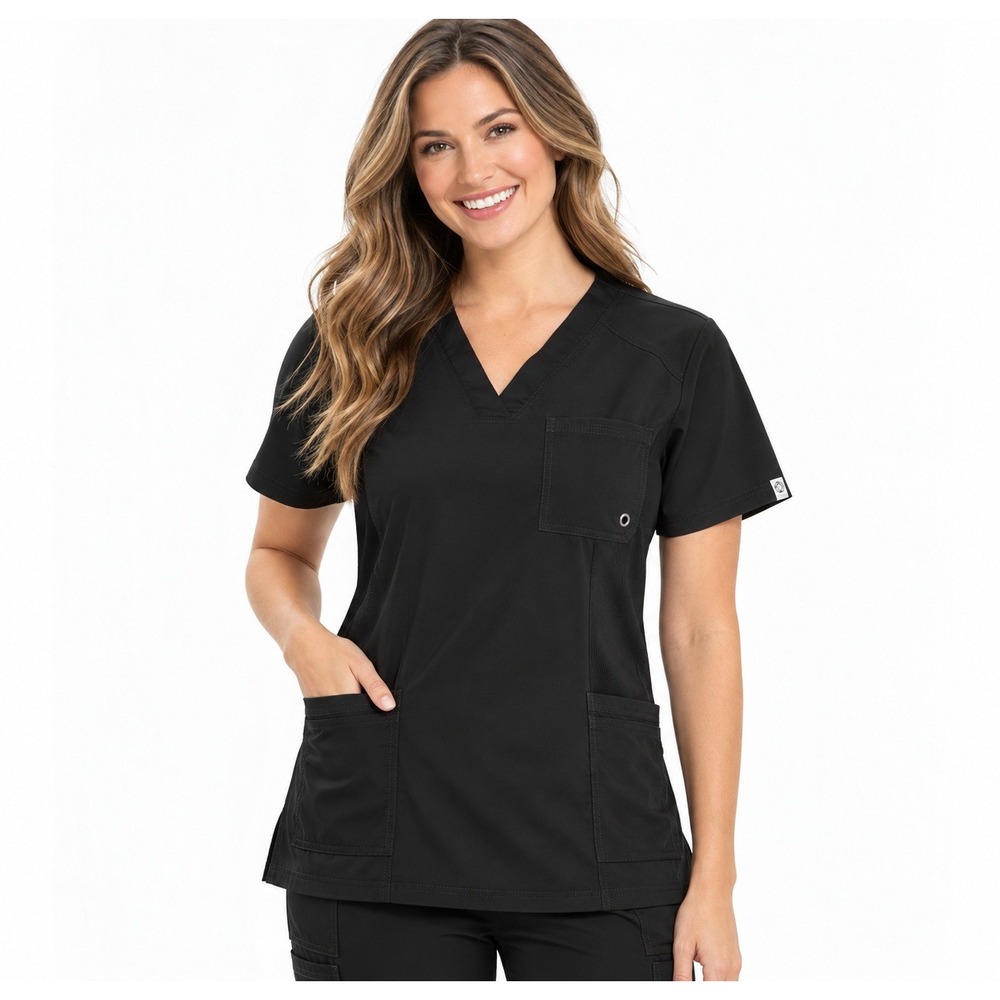 Infinity by Cherokee Scrub Top Womens M Black Excellent Stretch Ribbed CK900A